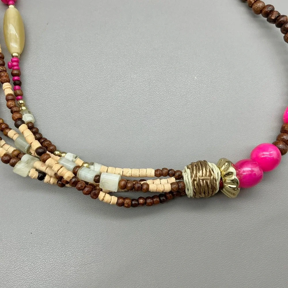Chico's Necklace Pink Brown Multi Strand Seed Bead Statement Boho Gold Tone